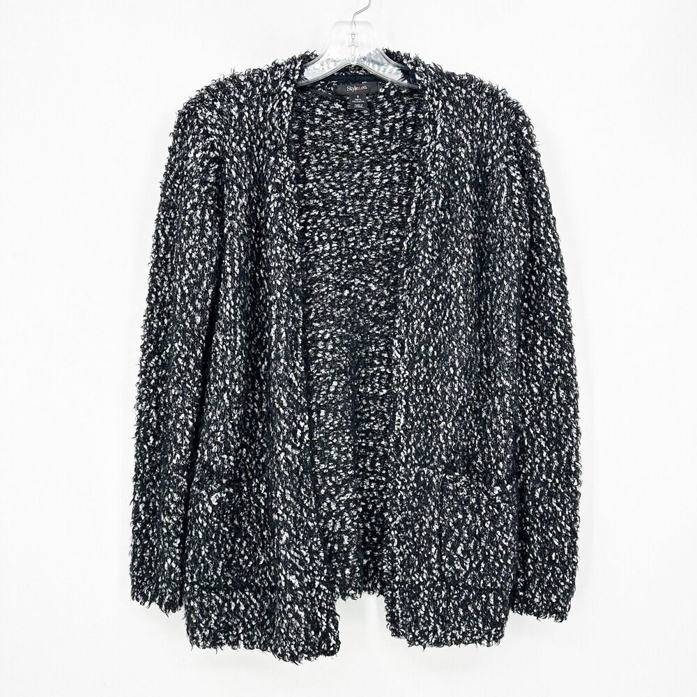 Style & Co Cardigan Sweater S Black White Open Front Eyelash Lounge Cozy Soft